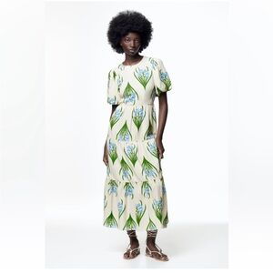 ZARA WOMANS ECRU FLORAL PRINTED LINEN COTTON BLEND DRESS.